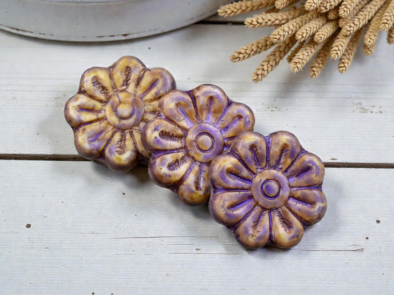 *6* 18mm Purple Washed Alabaster Picasso Daisy Flower Beads